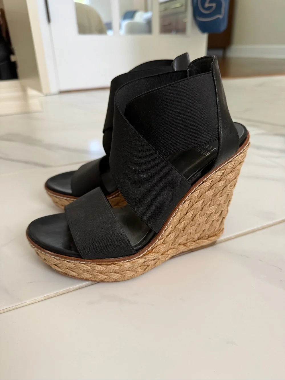 Stuart Weitzman Black Elastic Espadrille Wedge Sandals